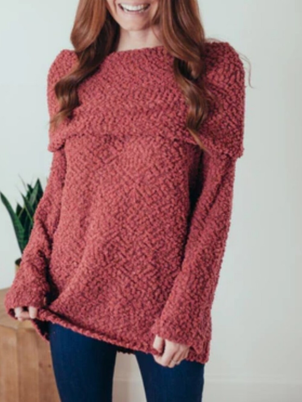 Boho Cozy Textured Off-Shoulder Cowl Popcorn Sweater